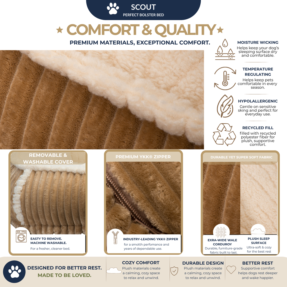 Scout Perfect Bolster Dog Bed – Corduroy, Removable Liner, Recycled Fill HuggleHounds
