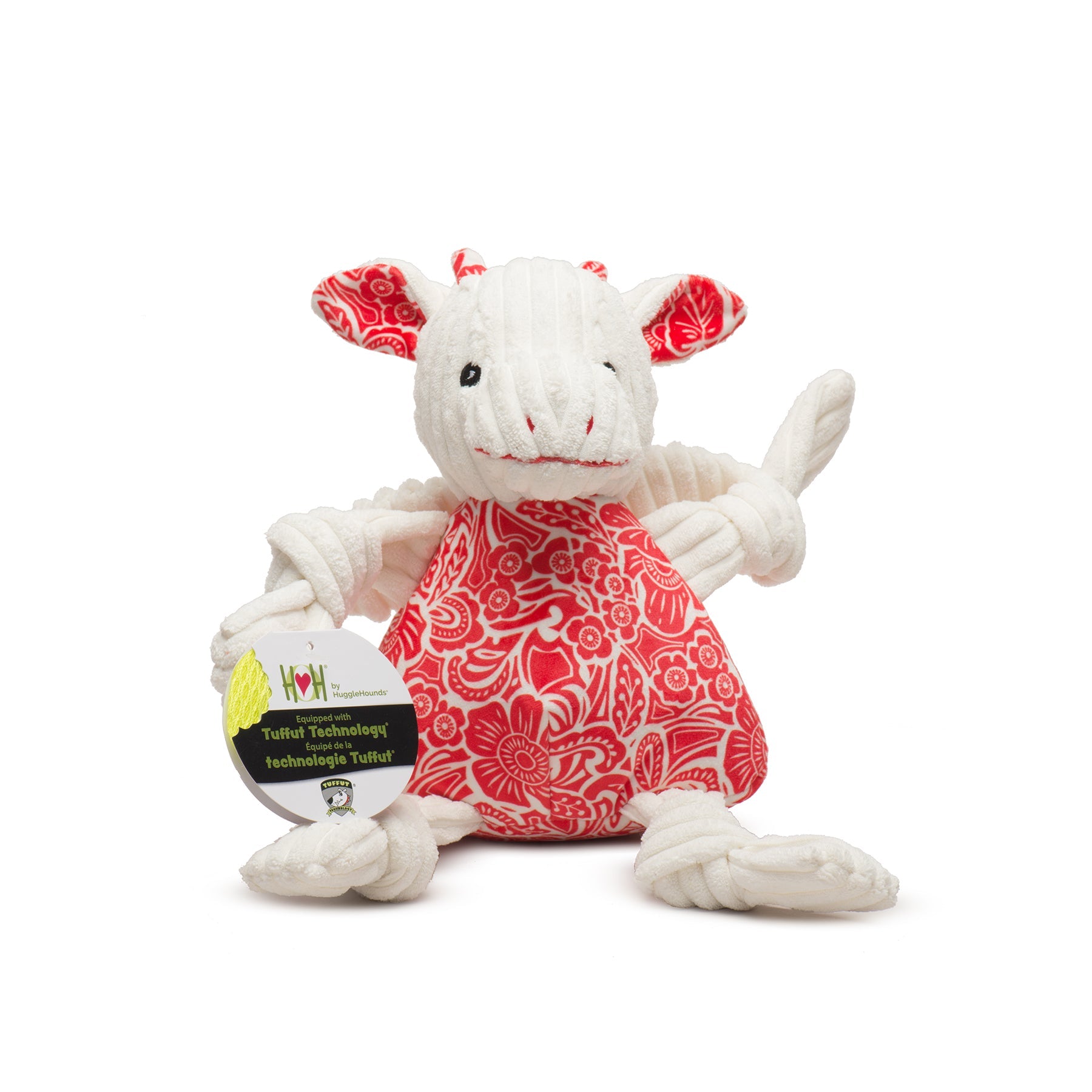 White plush toy with red pattern on a white background