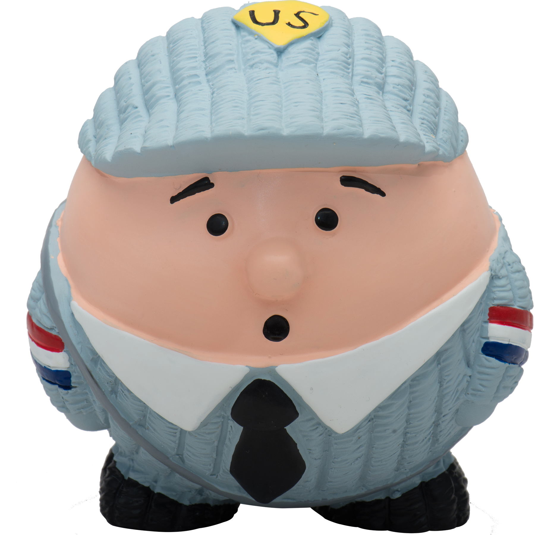 Toy figure of a character with a blue cap and tie, wearing a U.S. flag shirt on a white background