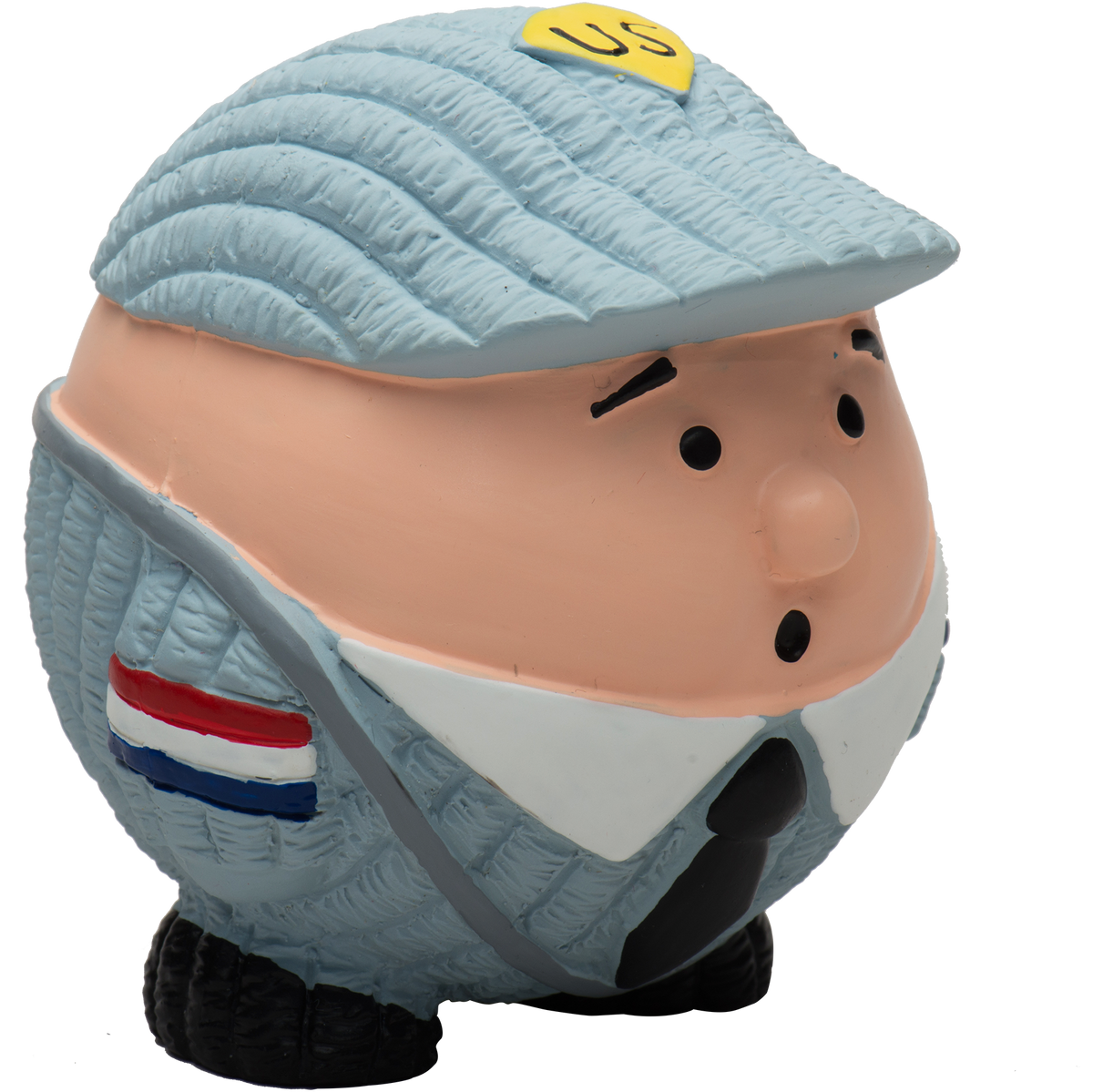 Sculpture of a piggy bank with a baseball cap and uniform on a white background
