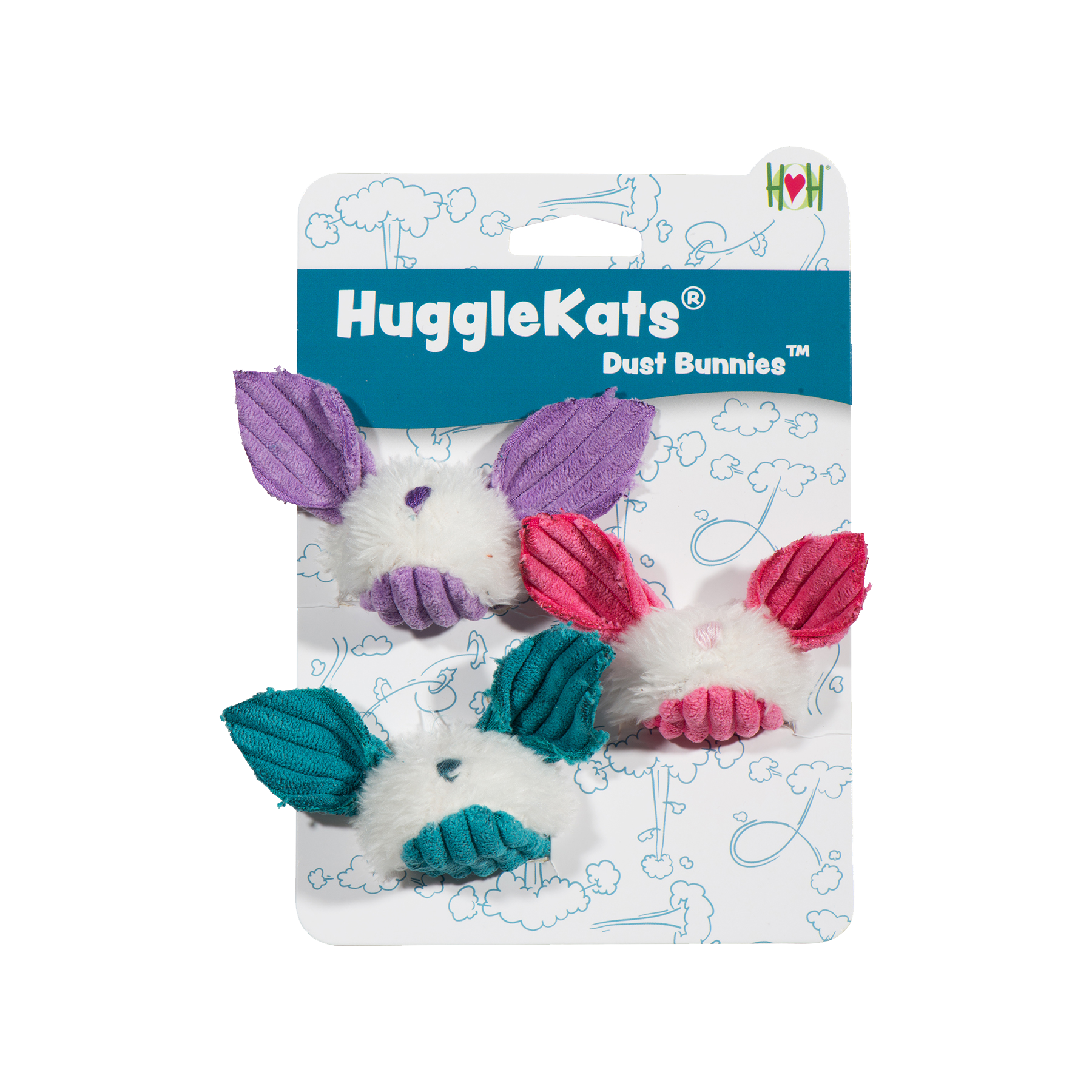 HuggleKats Dust Bunnies cat toy packaging on a white background