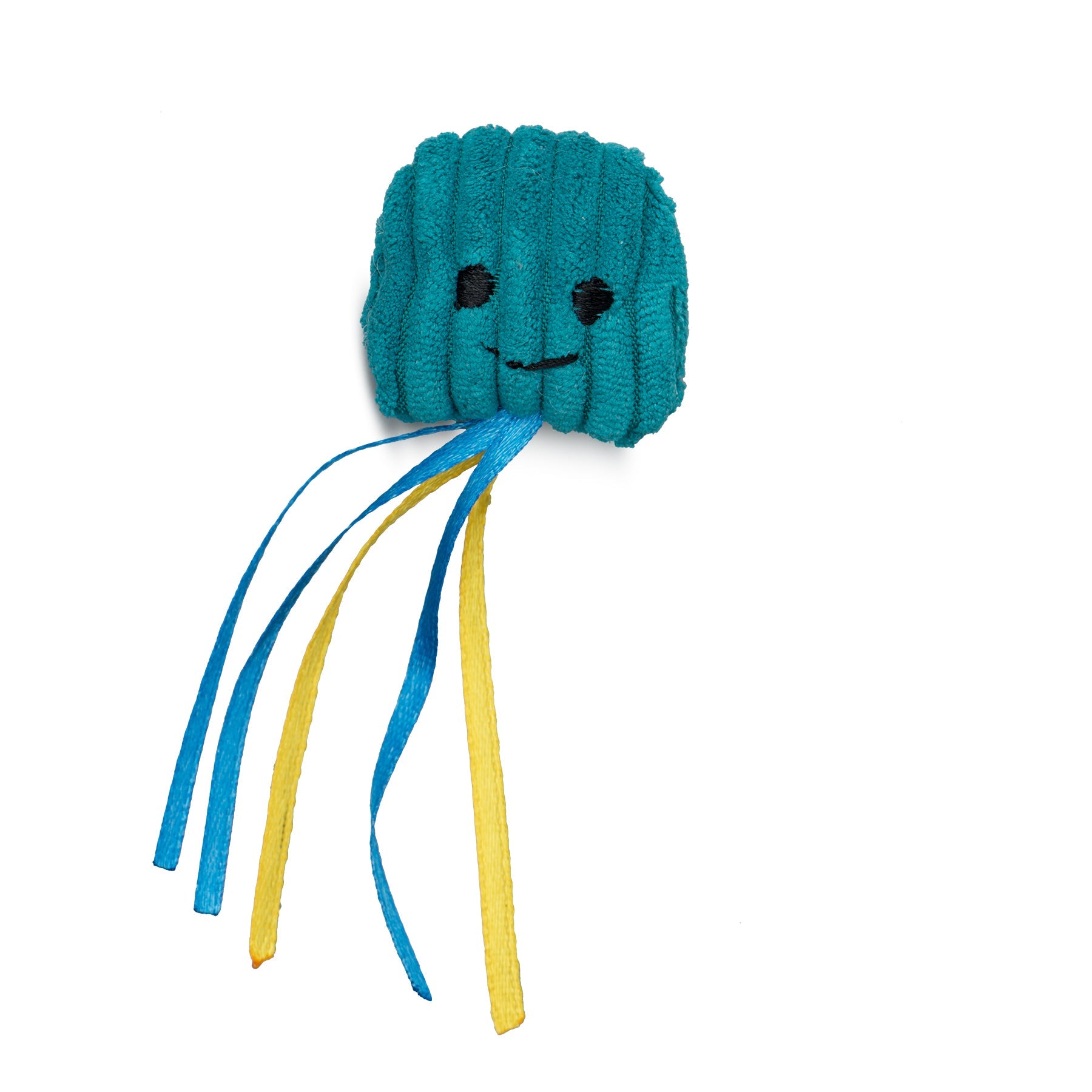 Teal knitted toy with a smiling face and blue and yellow ribbons on a white background