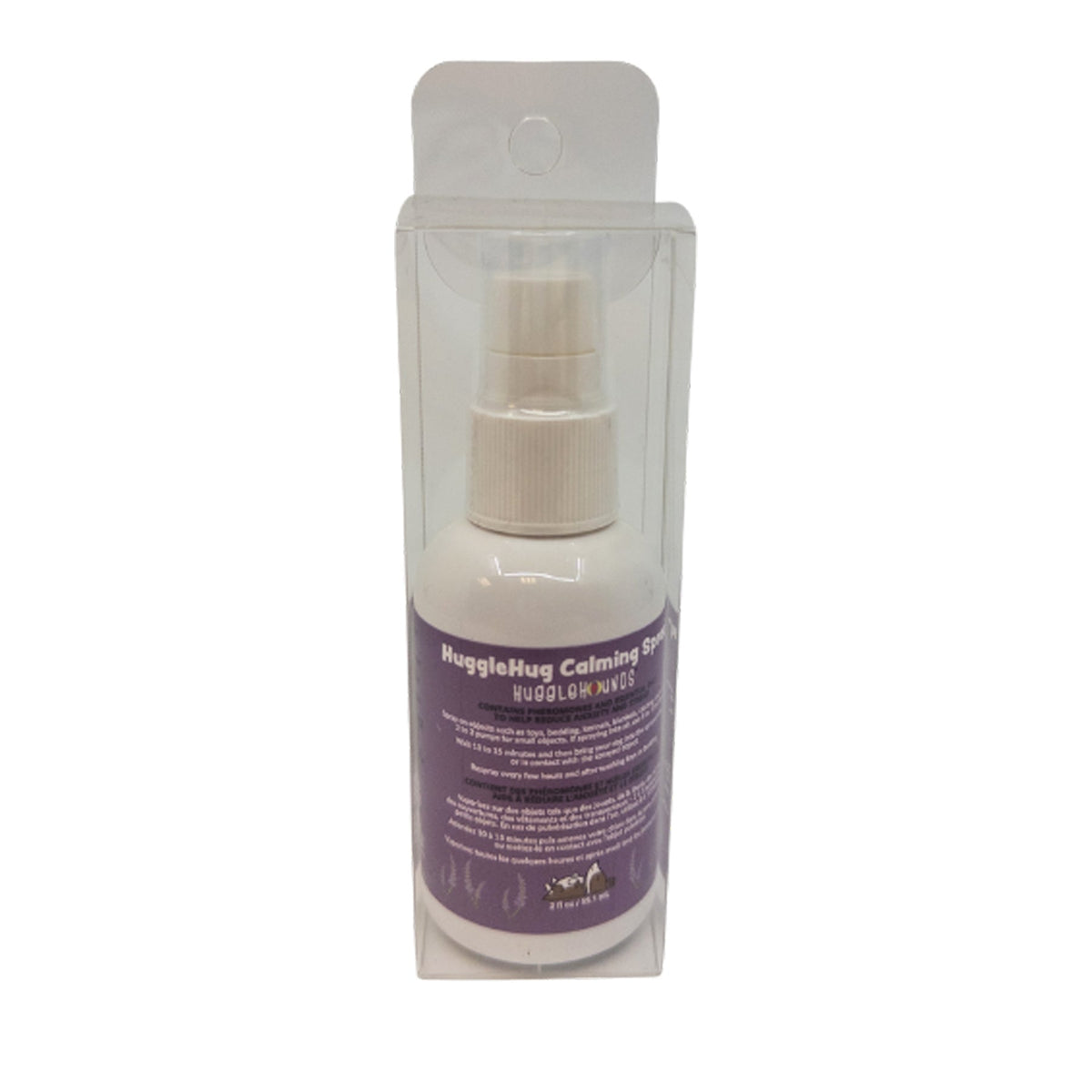HuggleHug Calming Spray bottle with purple label on a white background