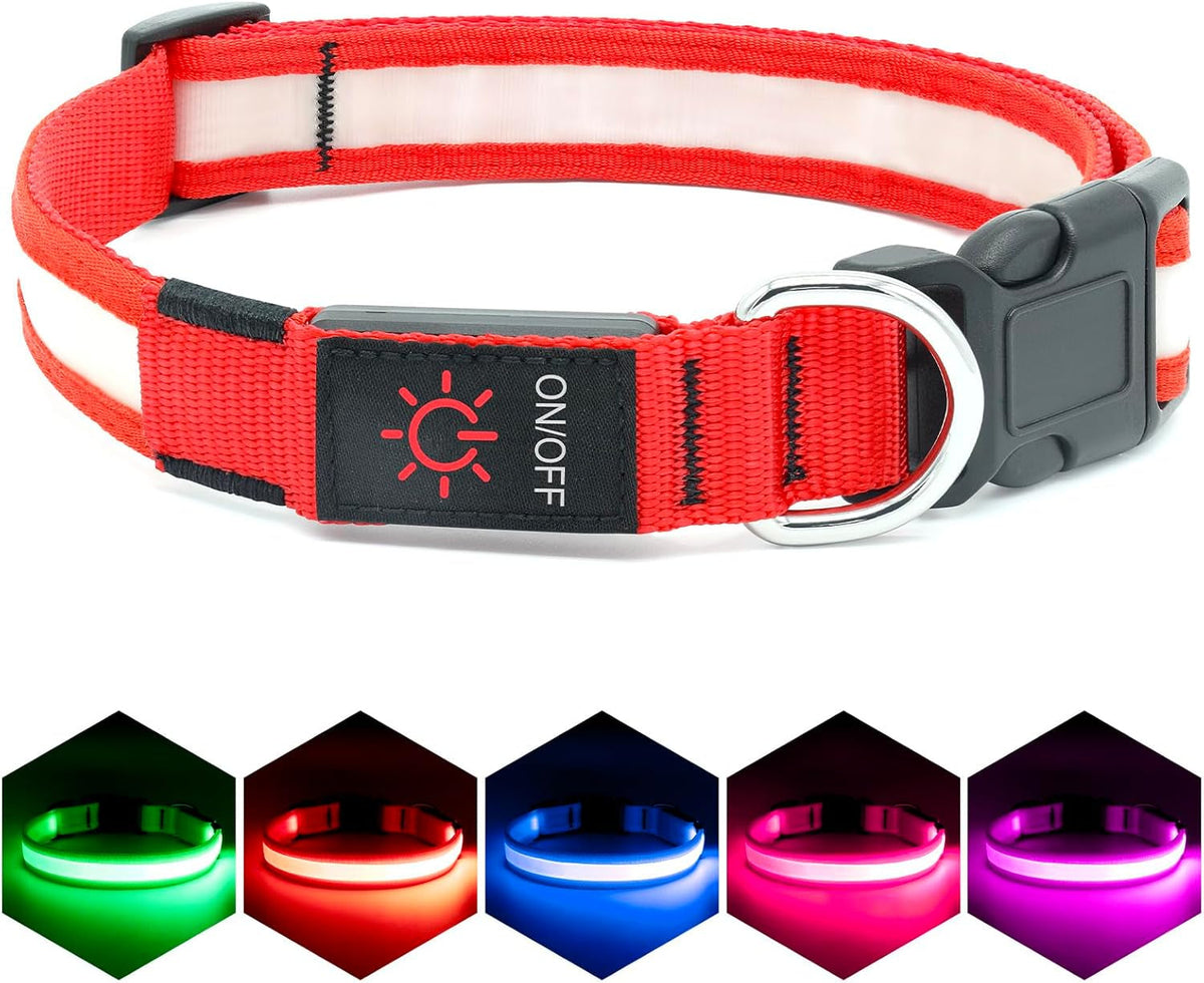 Red dog collar with LED lights in various colors on a white background