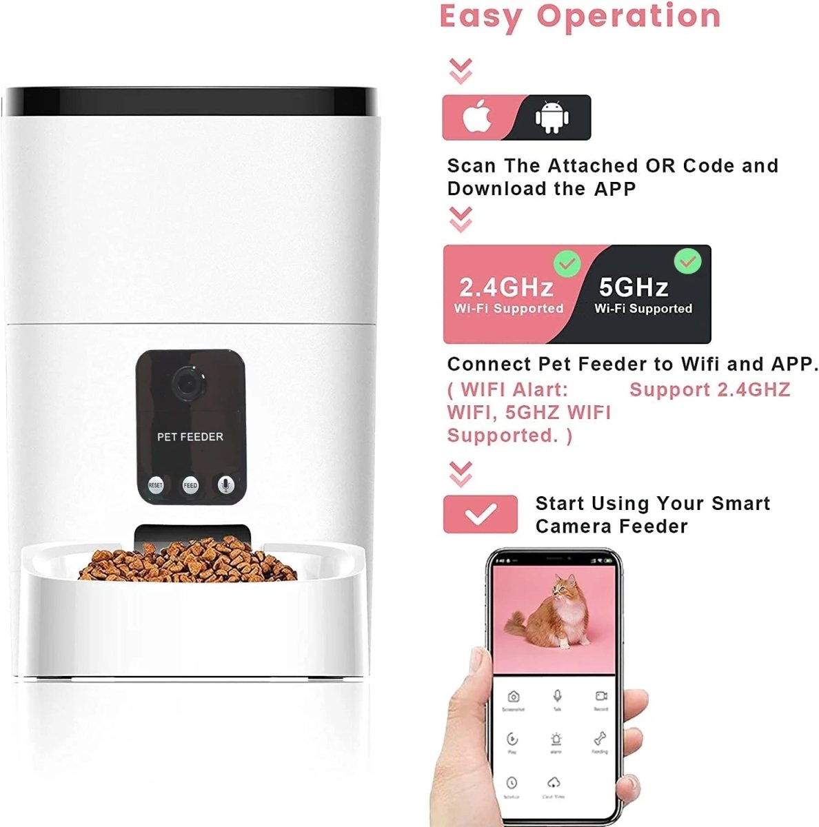 Pet feeder with smartphone app interface for easy operation
