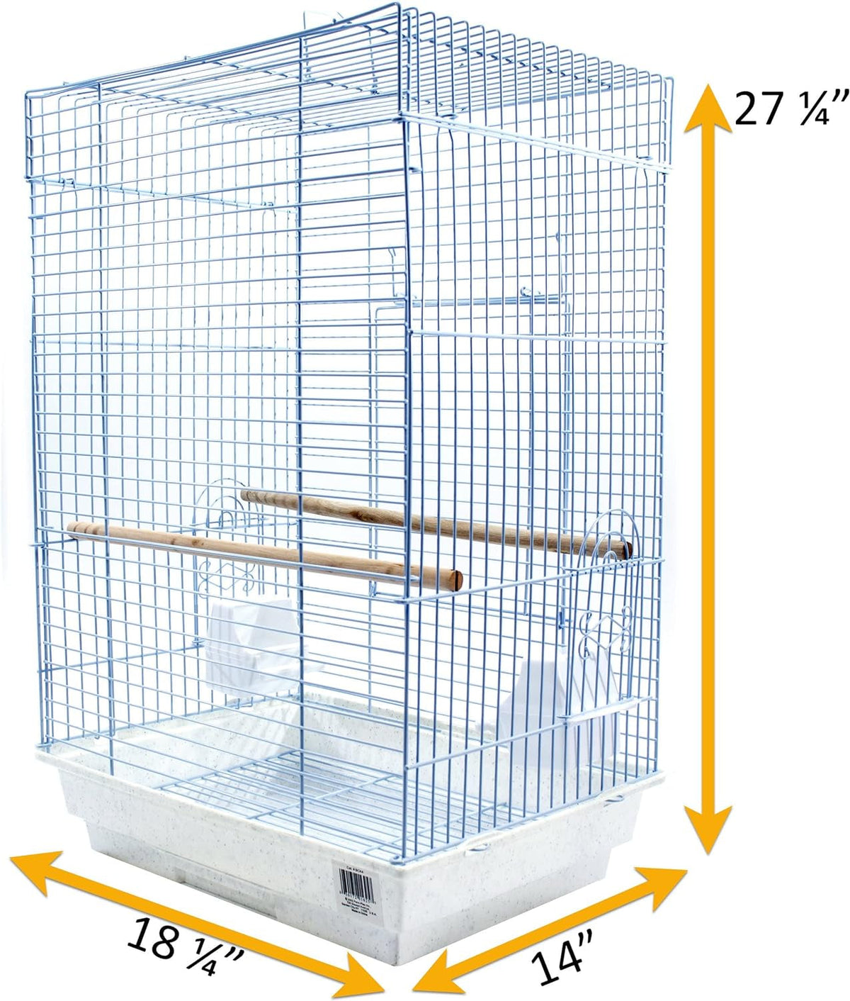 Bird cage with dimensions indicated on a white background