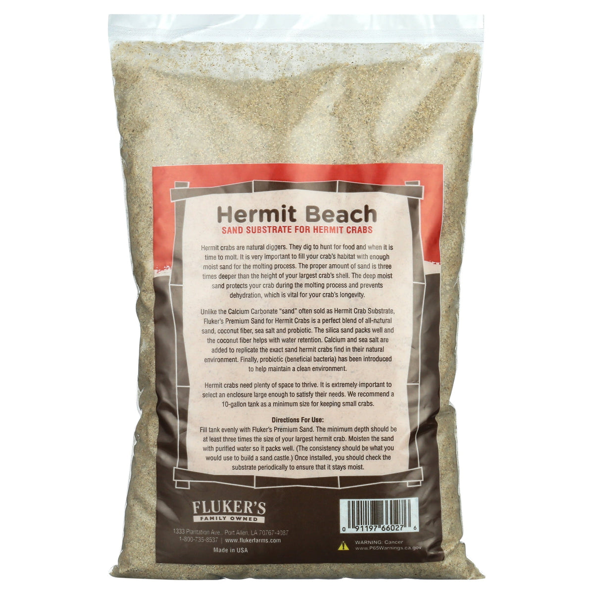 Bag of Fluker's Hermit Beach Sand Substrate for hermit crabs with text on a white background