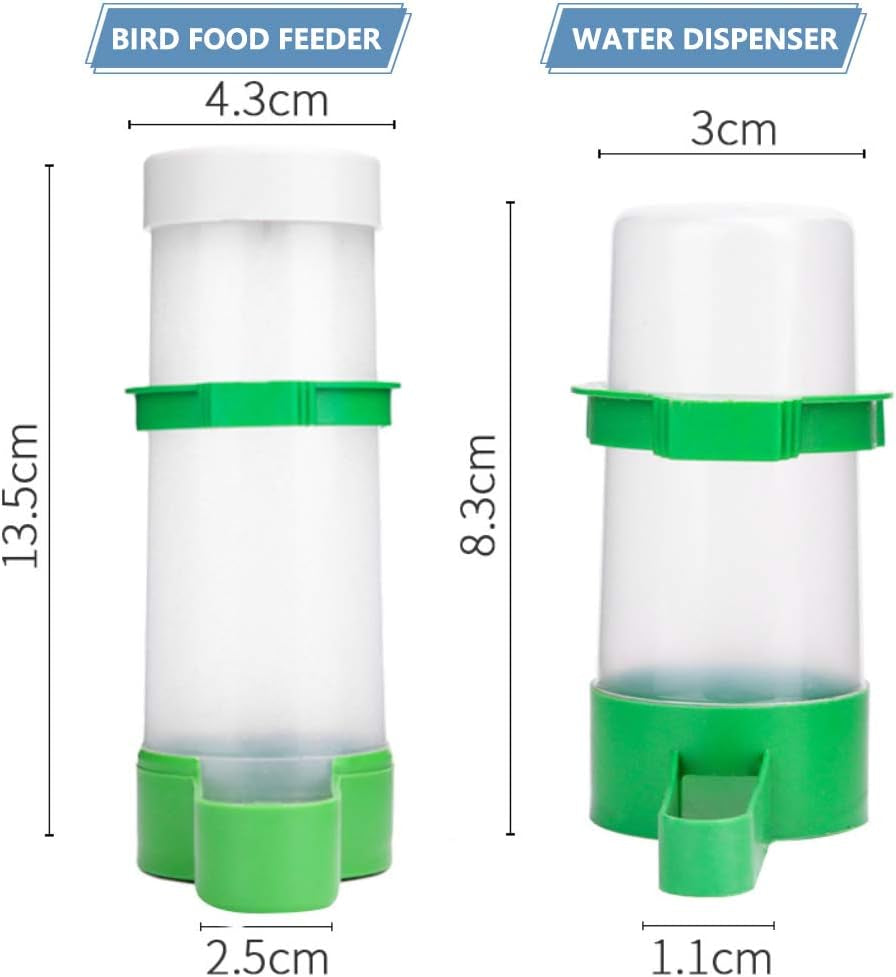 Green and white bird feeder and water dispenser with dimensions labeled