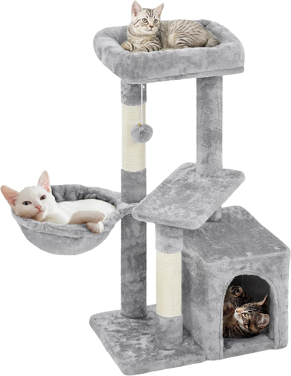 Cat tree with multiple levels and a hammock on a white background