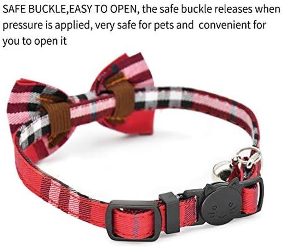 Red plaid dog collar with a bow tie and safe buckle on a white background