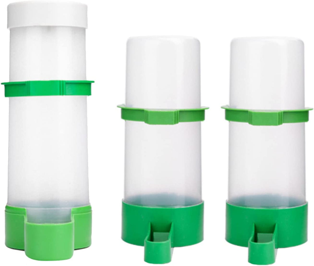 Three cylindrical plastic feeders with green bases and caps on a white background