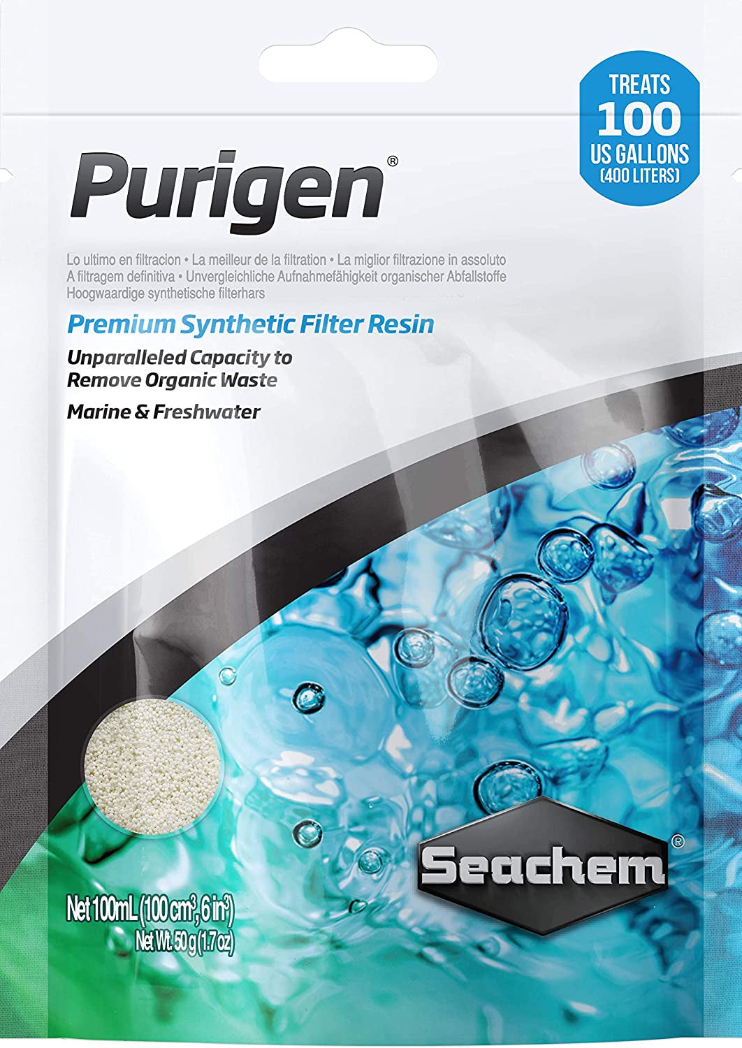 Seachem Purigen synthetic filter resin packaging with water and bubbles graphic
