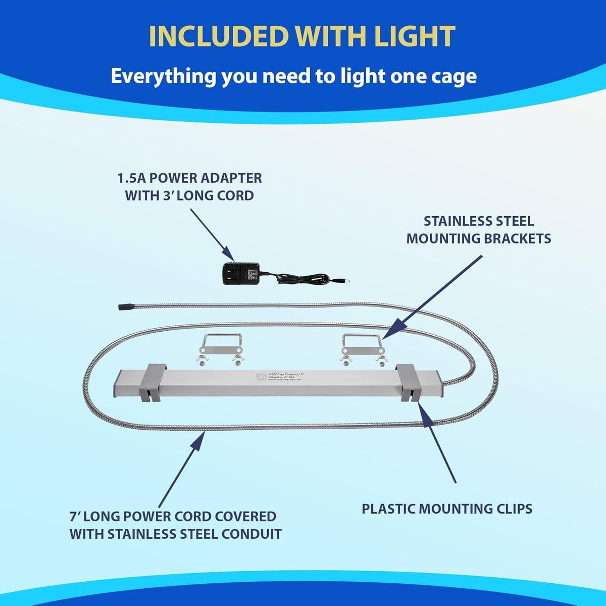 M&M Happybird Full Spectrum LED Bird Cage Light with Chew Guard | 18" | UV-Free | For Hookbill & Soft-Billed Birds MJ's Pet Closet