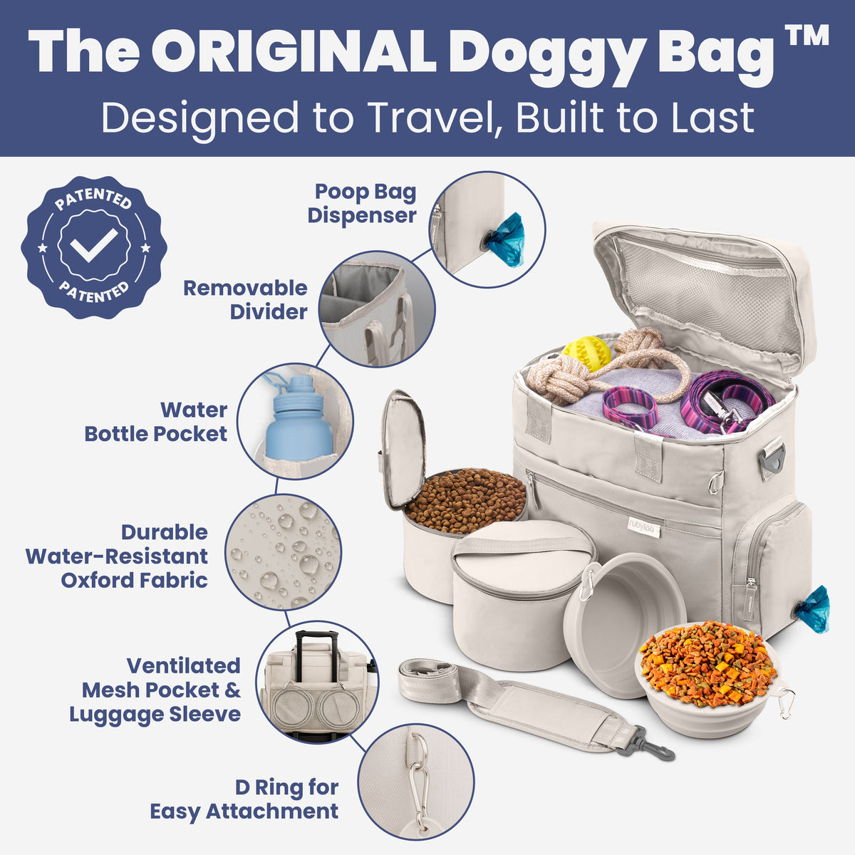 Doggy bag with features highlighted on a blue background