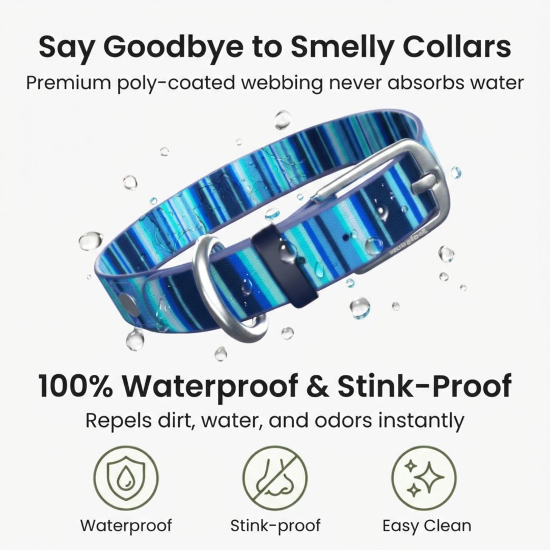 Blue striped dog collar with text about waterproof and stink-proof properties on a white background