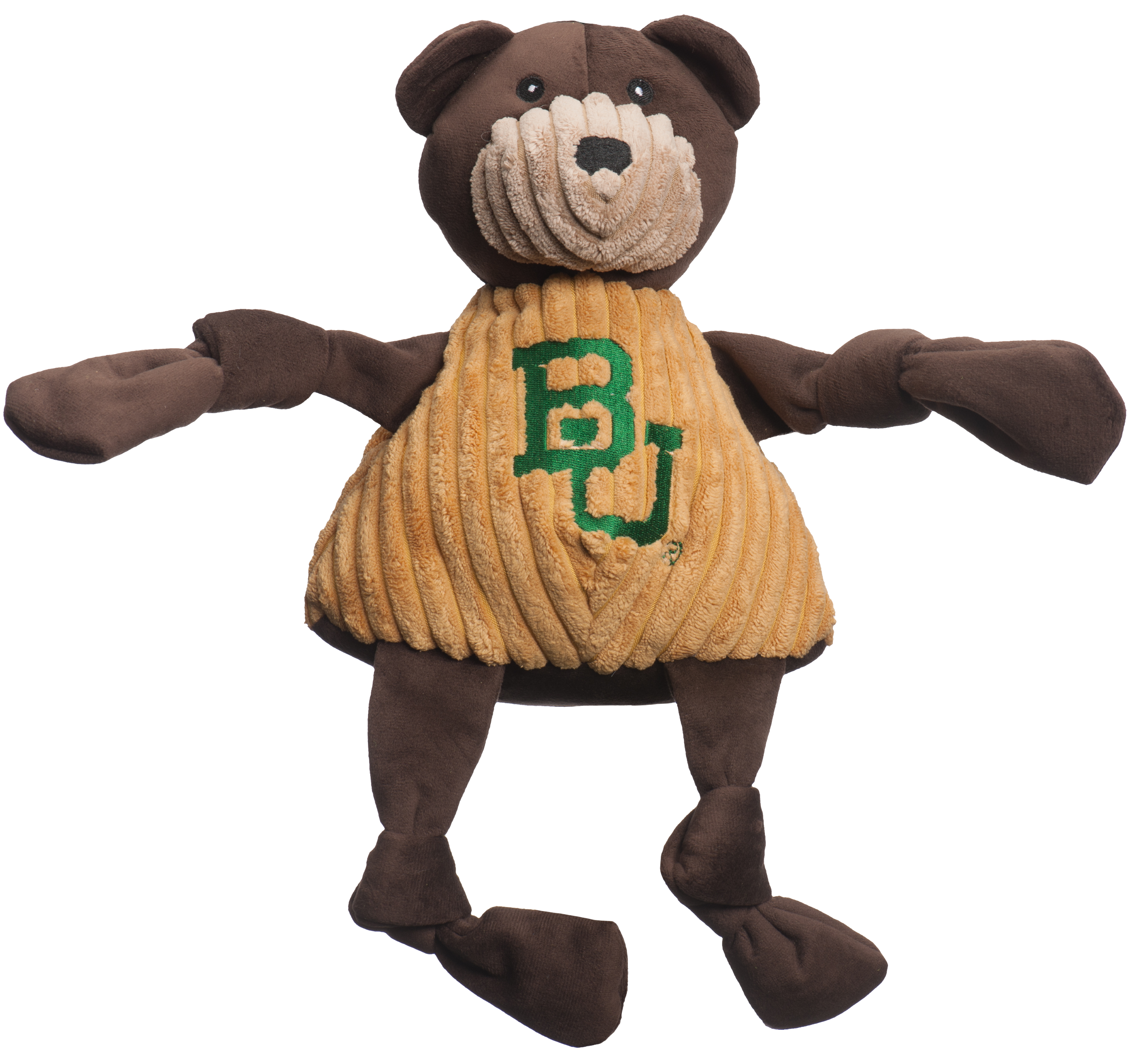 Plush bear toy with Baylor University sweater on a white background