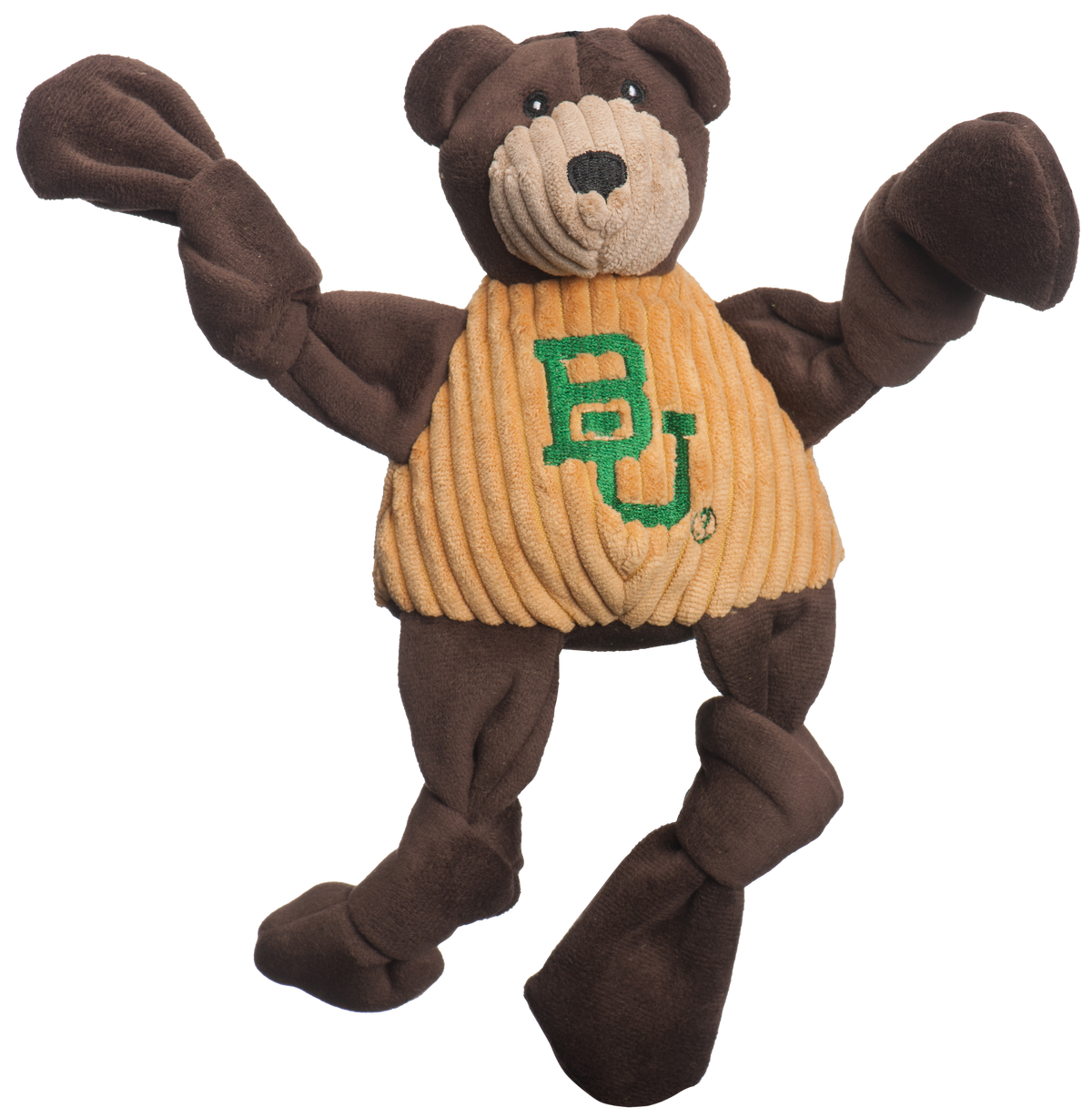 Plush bear toy wearing a sweater with a visible logo on a white background