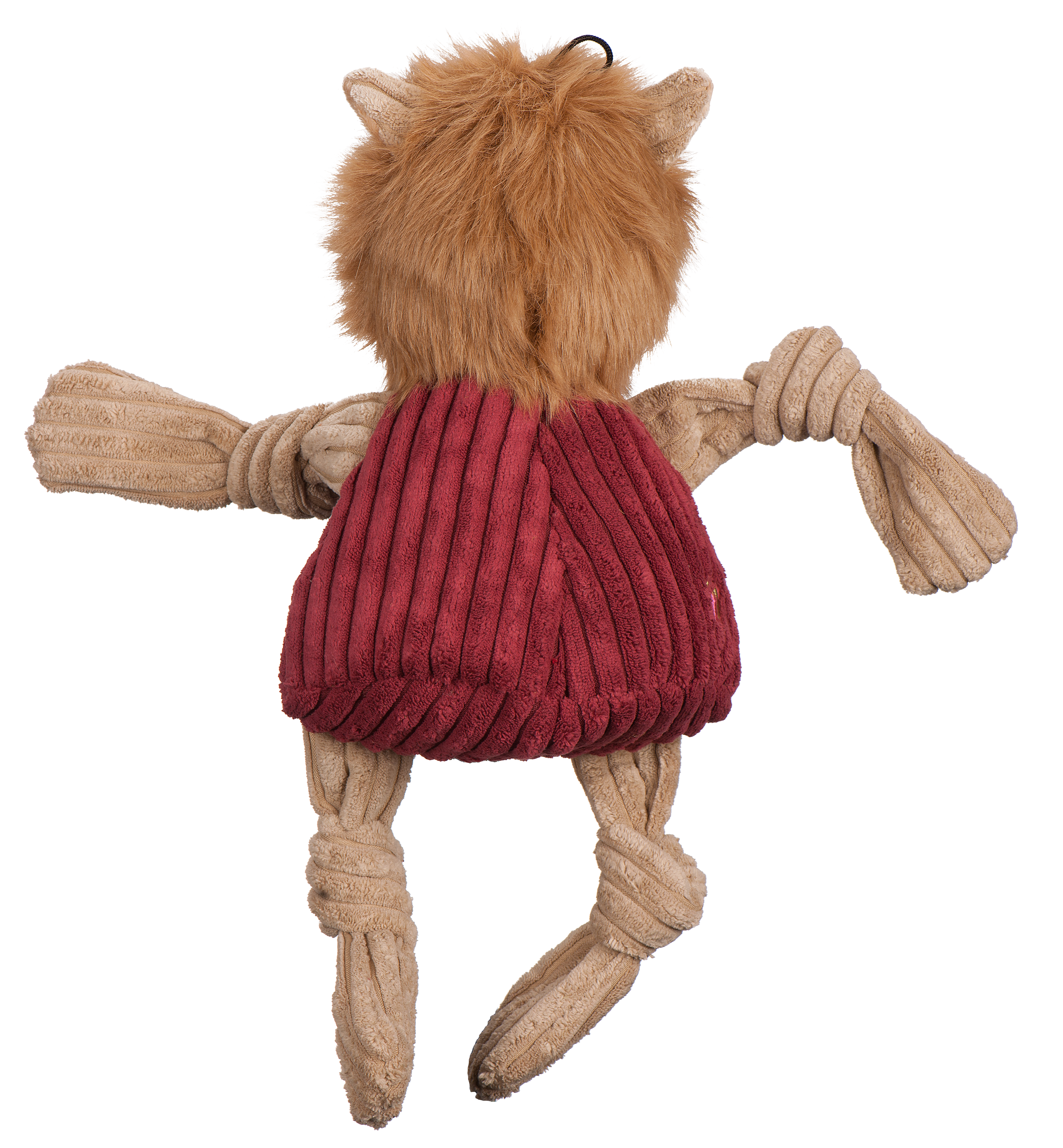 Plush toy with a red ribbed sweater and tied arms and legs on a white background