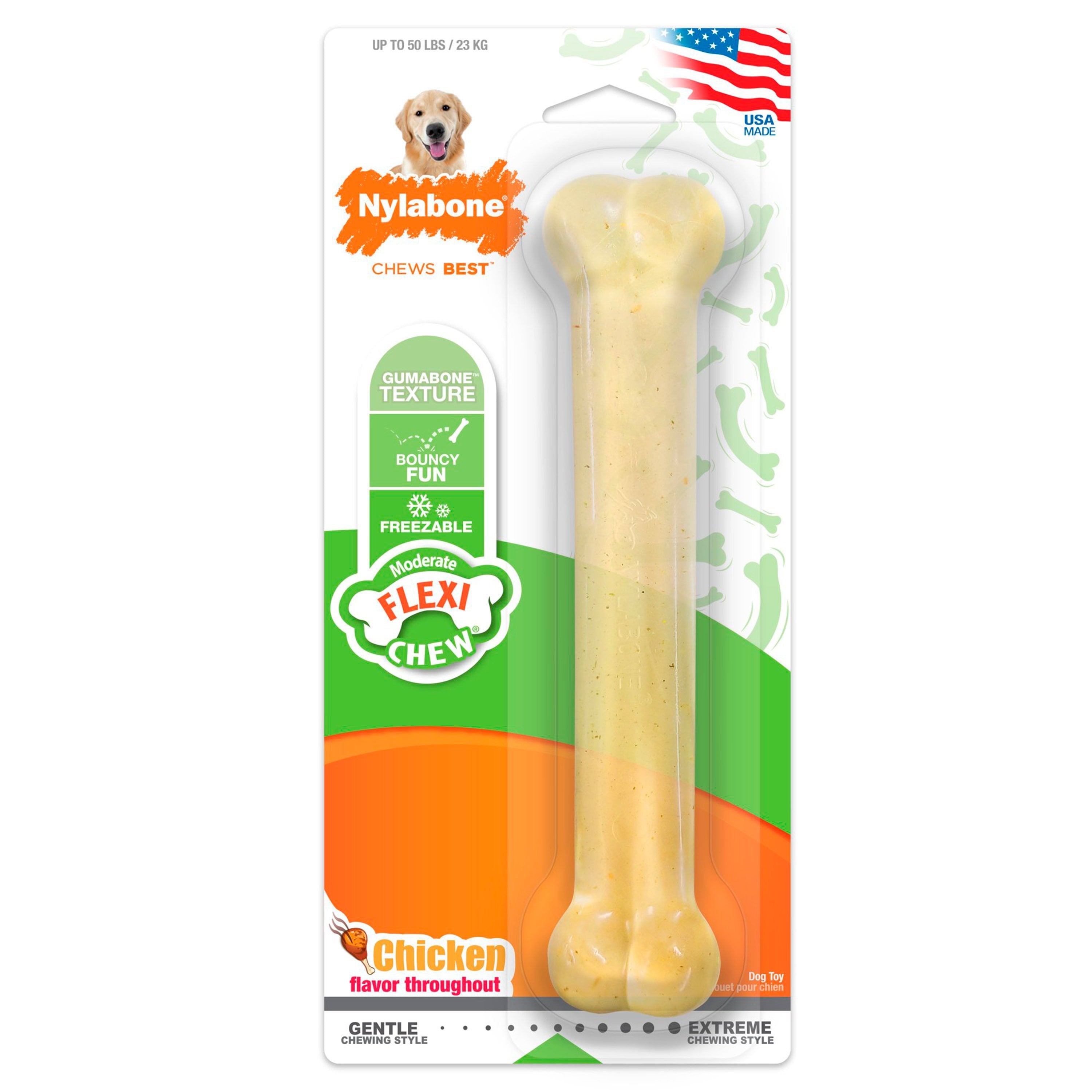 Nylabone dog chew toy packaging with a bone-shaped product on a white background