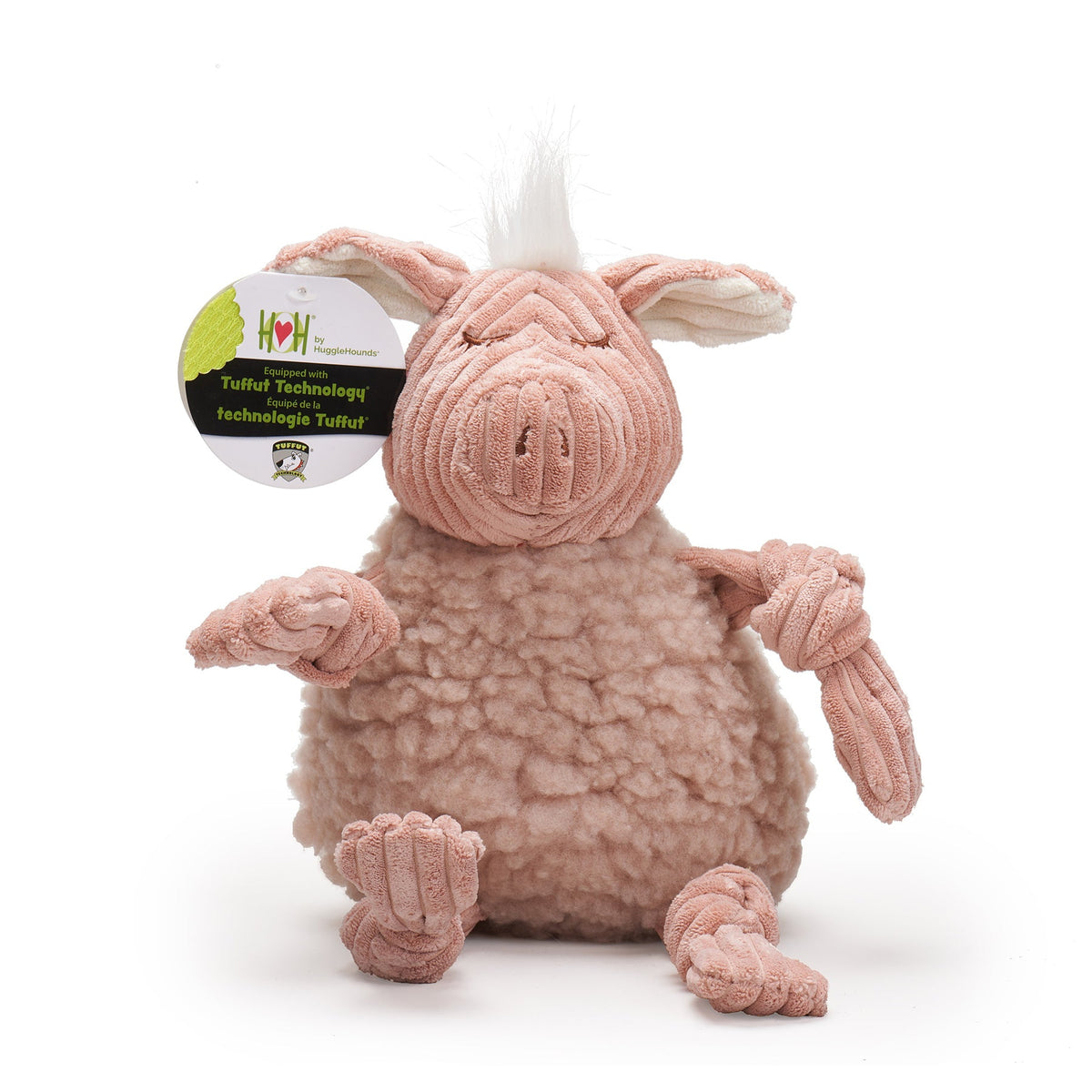 Plush pig toy with a tag on a white background