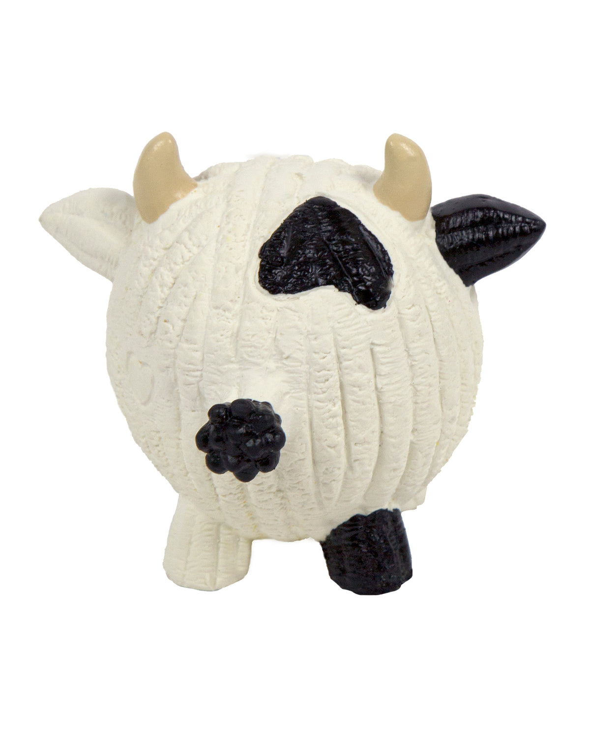White plush toy cow with black face and horns on a white background