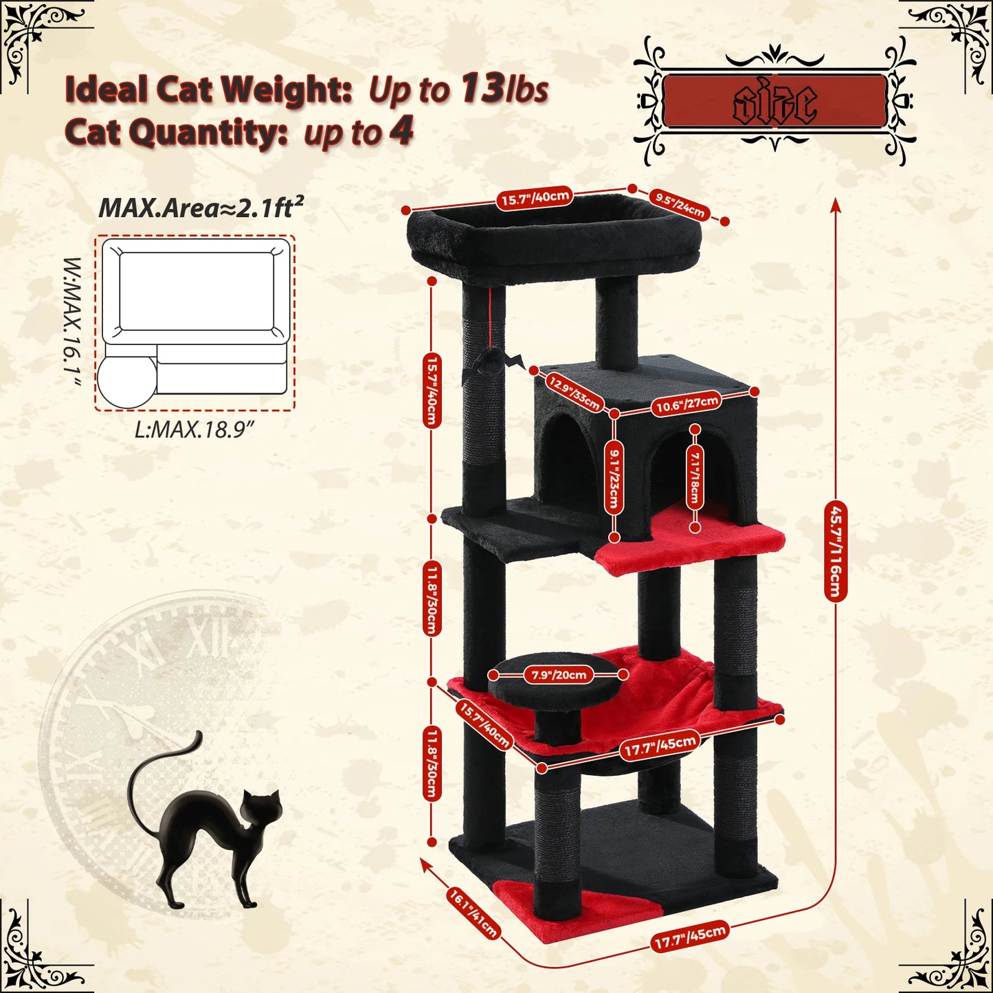 Gothic Cat Tree Tower with Super Large Hammock