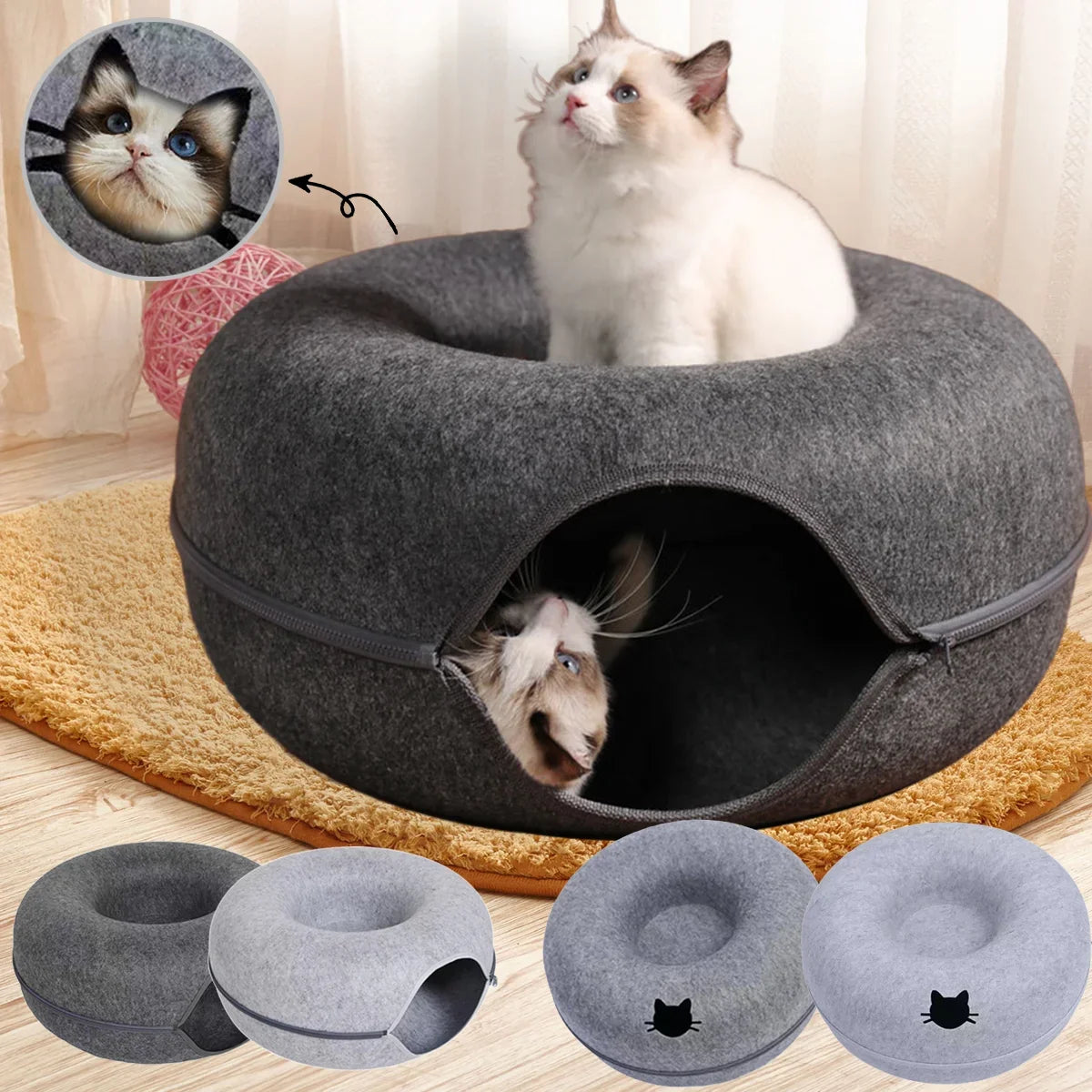 Felt Donut Cat Bed | 2-in-1 Cat Tunnel Bed & Hideout Whisker House