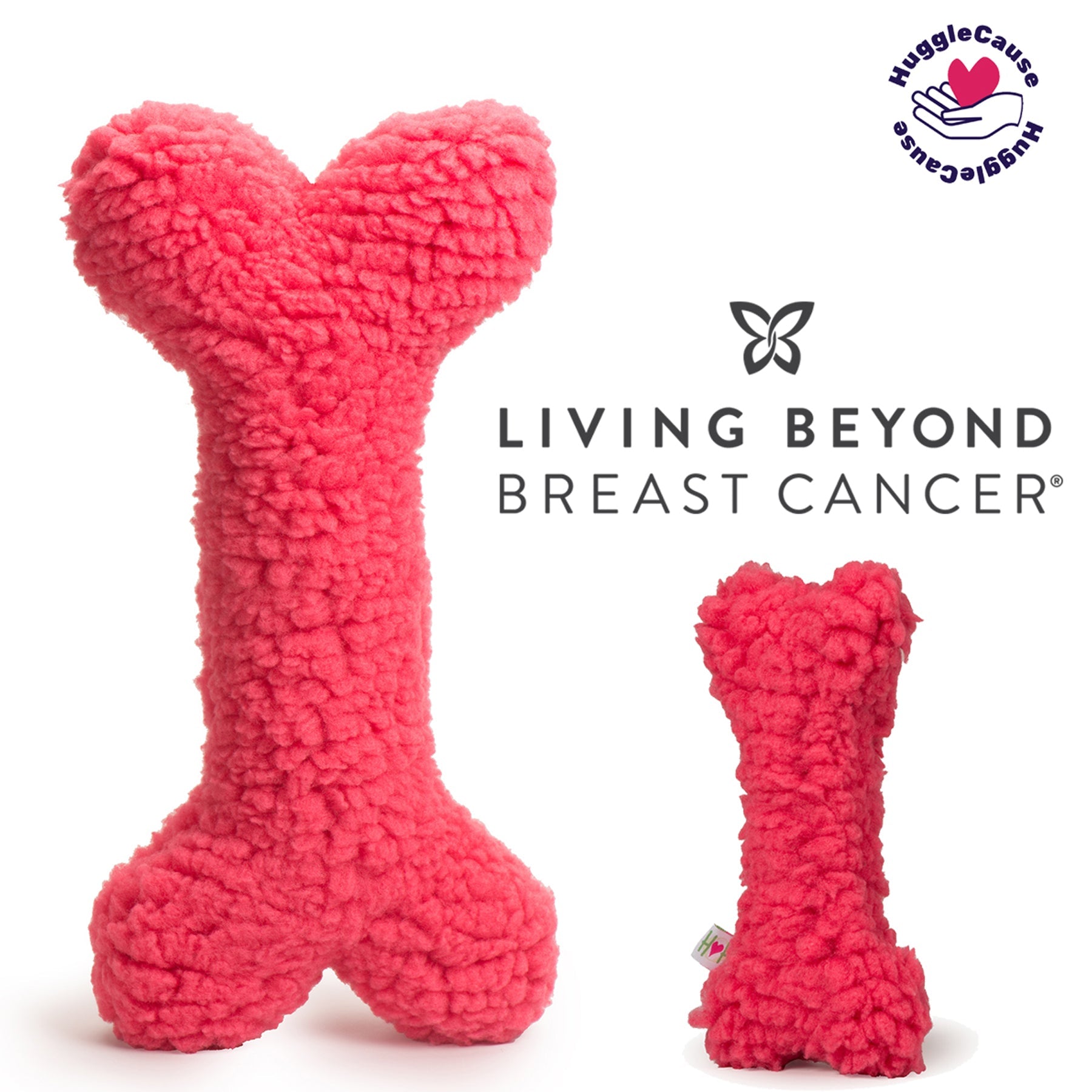 Pink textured bone-shaped pillow with 'Living Beyond Breast Cancer' text and HugglePouch logo on a white background.