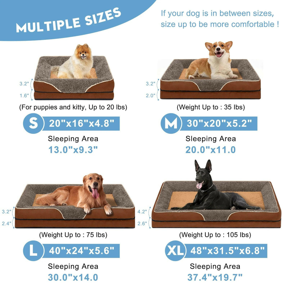 Dog bed size chart with dogs of different sizes on the beds