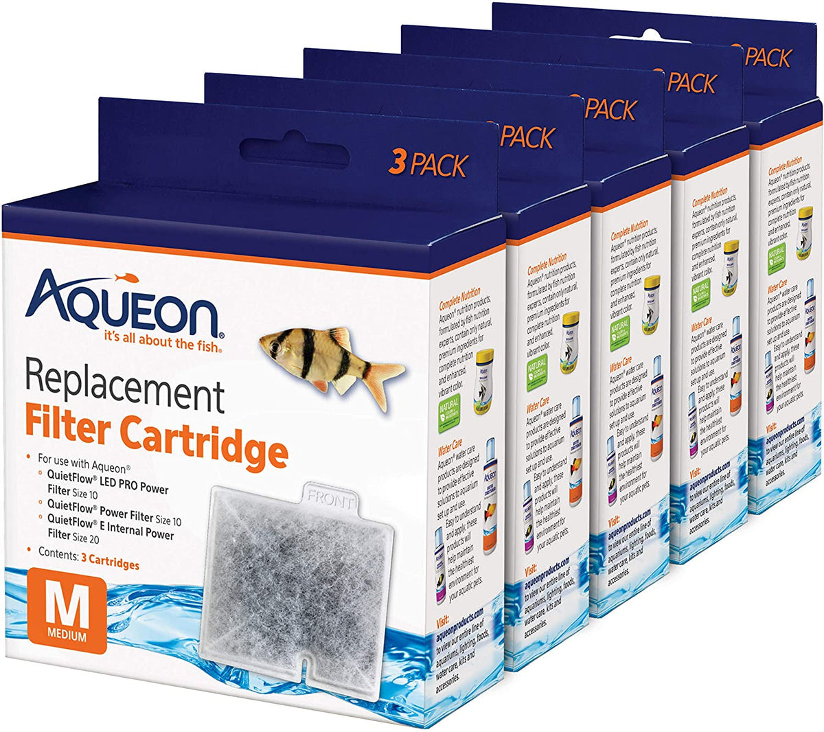Aqueon replacement filter cartridge packaging with multiple units displayed.