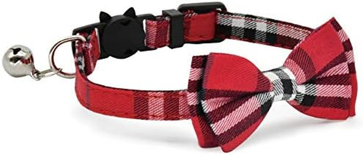 Breakaway Cat Collars โ Pack of 2 Adjustable Plaid Cotton Collars with Bowtie & Bell | Safe for Cats & Small Dogs | Black + Red MJ's Pet Closet