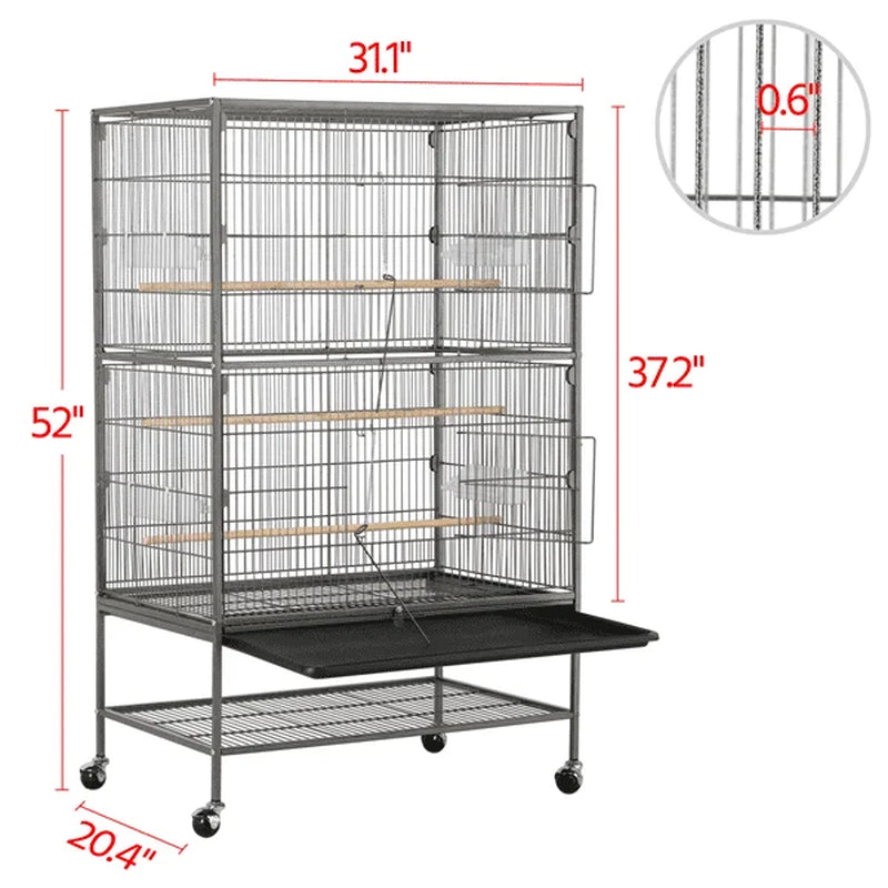Metal 52" Large Rolling Bird Cage with 3 Perches & 4 Feeders MJ's Pet Closet