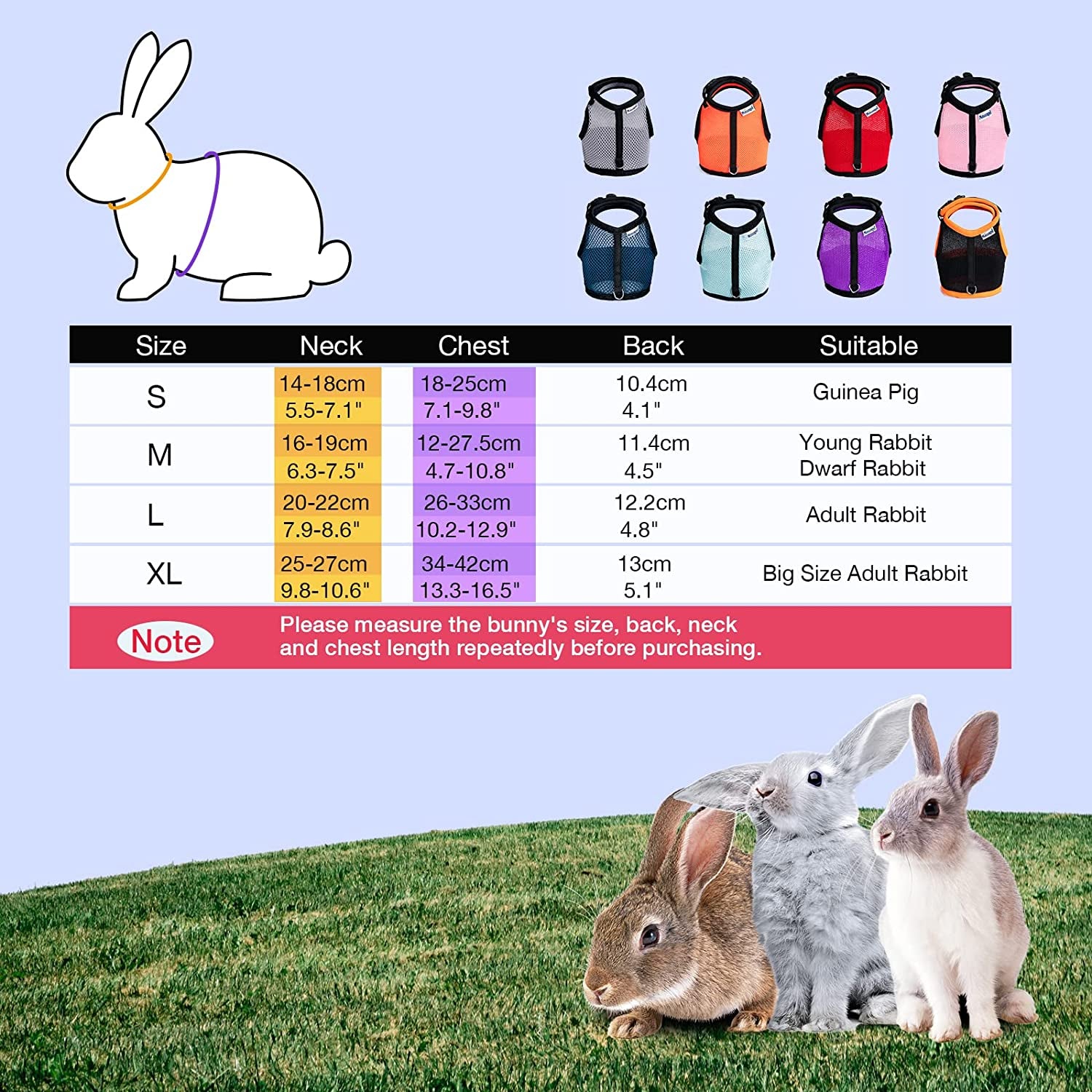 Rabbit clothing size chart with color options and actual rabbits on a grassy background