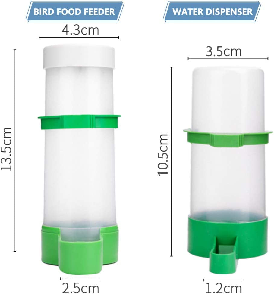 Bird food feeder and water dispenser with dimensions labeled