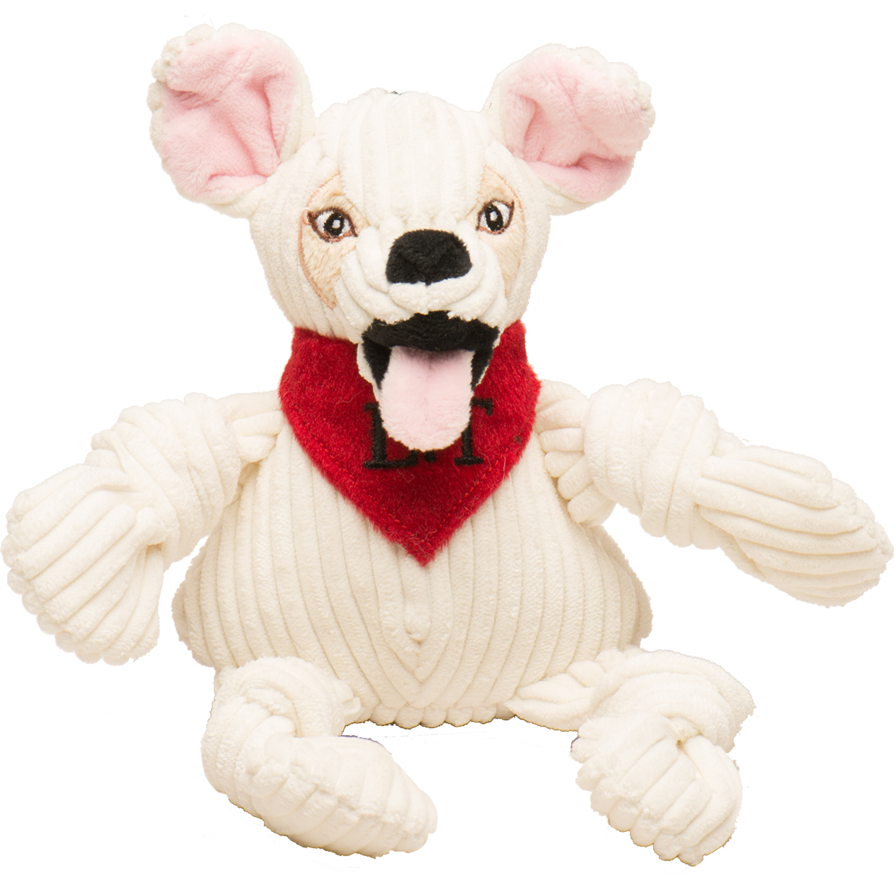 White plush dog toy with pink ears and a red heart-shaped scarf on a white background