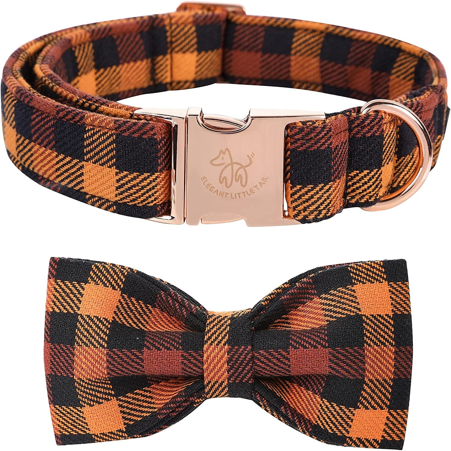 Plaid dog collar and bow tie set on a white background