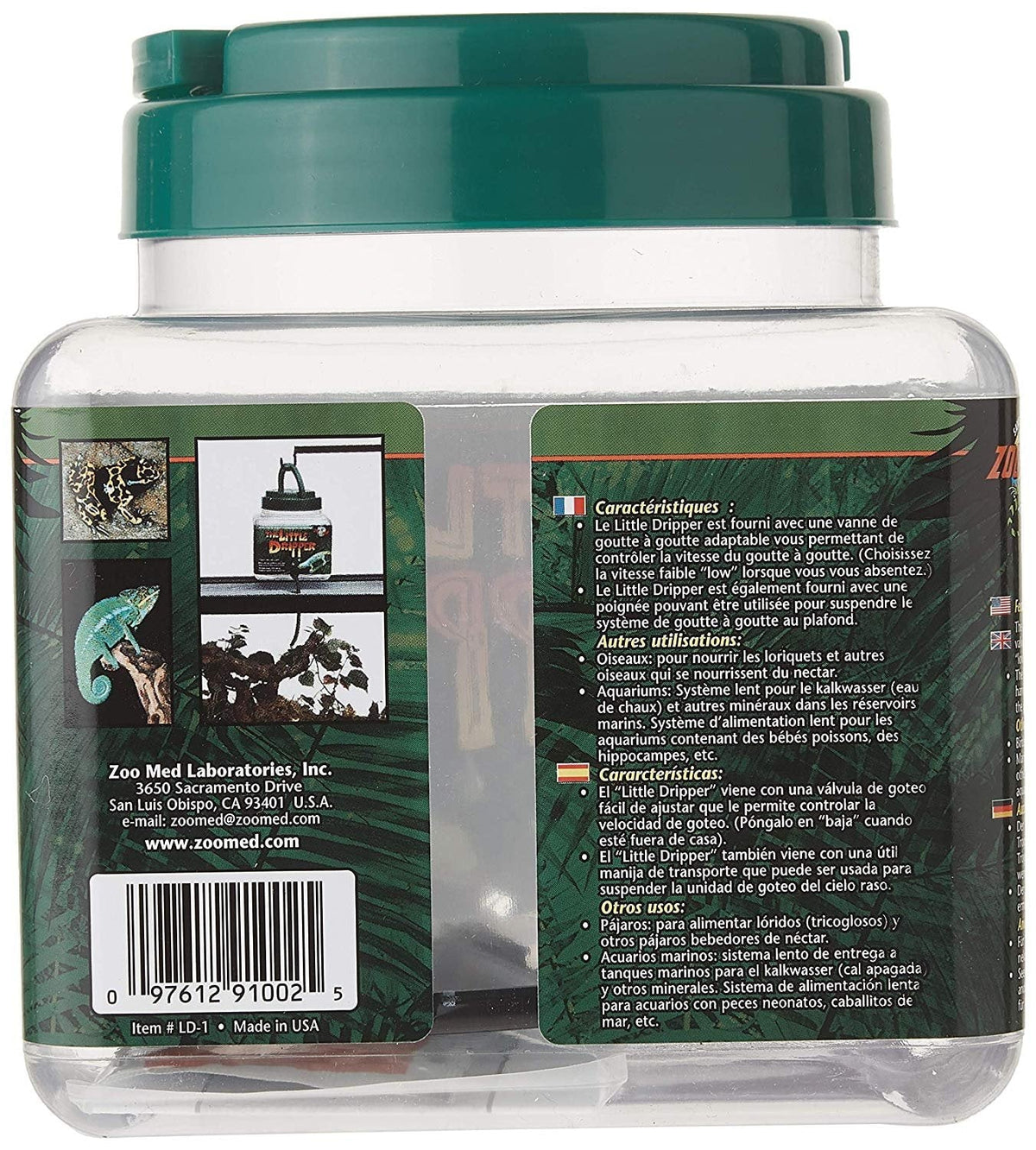 Back view of a transparent container with green lid, showing text and images on the label.