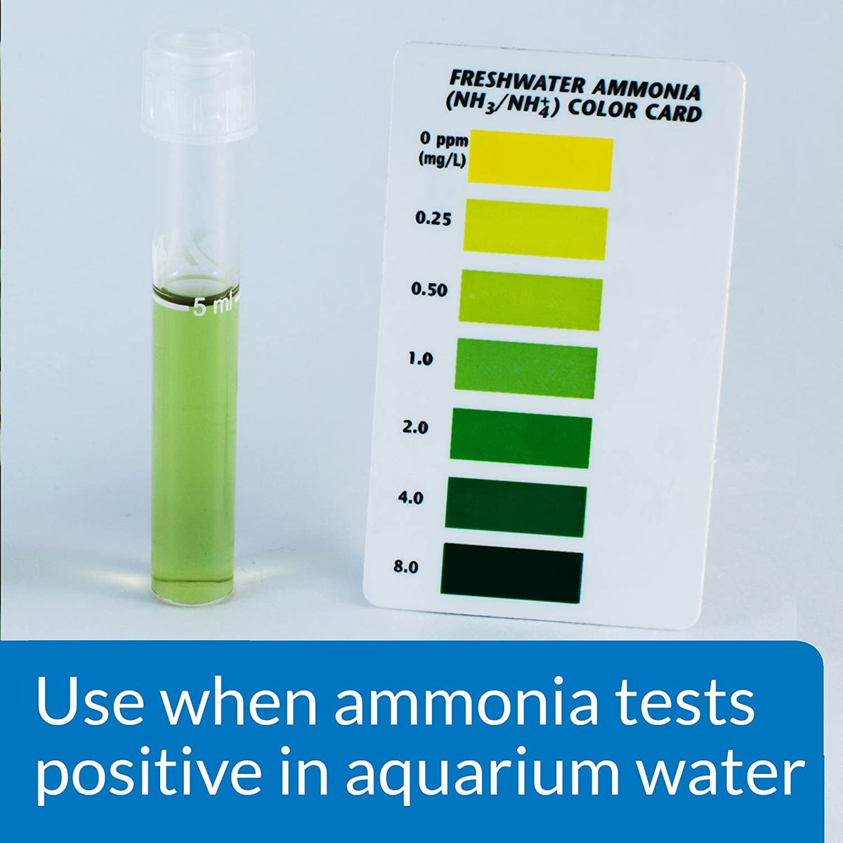 Ammonia test kit with a test tube and color chart for aquarium water testing.