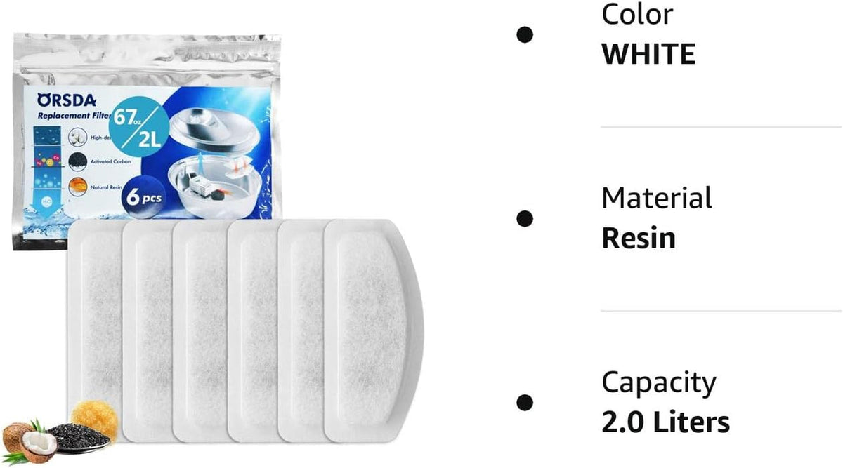 ORSDA Cat Water Fountain Replacement Filters – 6-Pack for D30 2L Pet Fountain MJ's Pet Closet