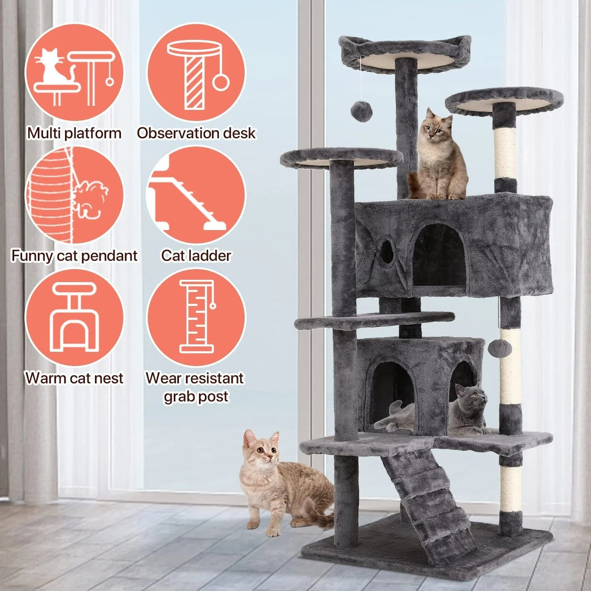 NiamVelo 54" Double Condo Cat Tree – Ashy, Sturdy 4-Floor Design MJ's Pet Closet