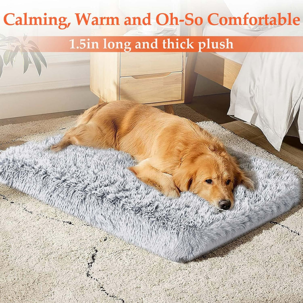 Dog lying on a plush mat with text describing its comfort and thickness.