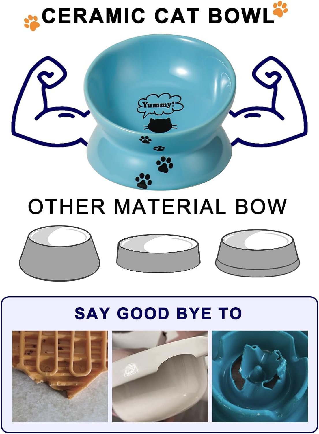 YHY Elevated Ceramic Cat Bowl – Tilted Raised Cat Food Dish for Anti-Vomiting & Neck Relief | Lake Blue MJ's Pet Closet