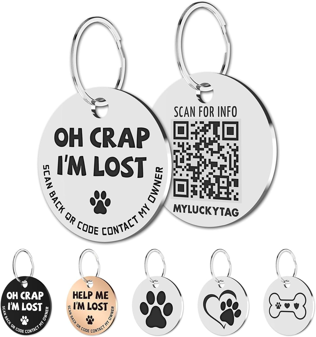 Set of pet tags with various designs and text on a white background