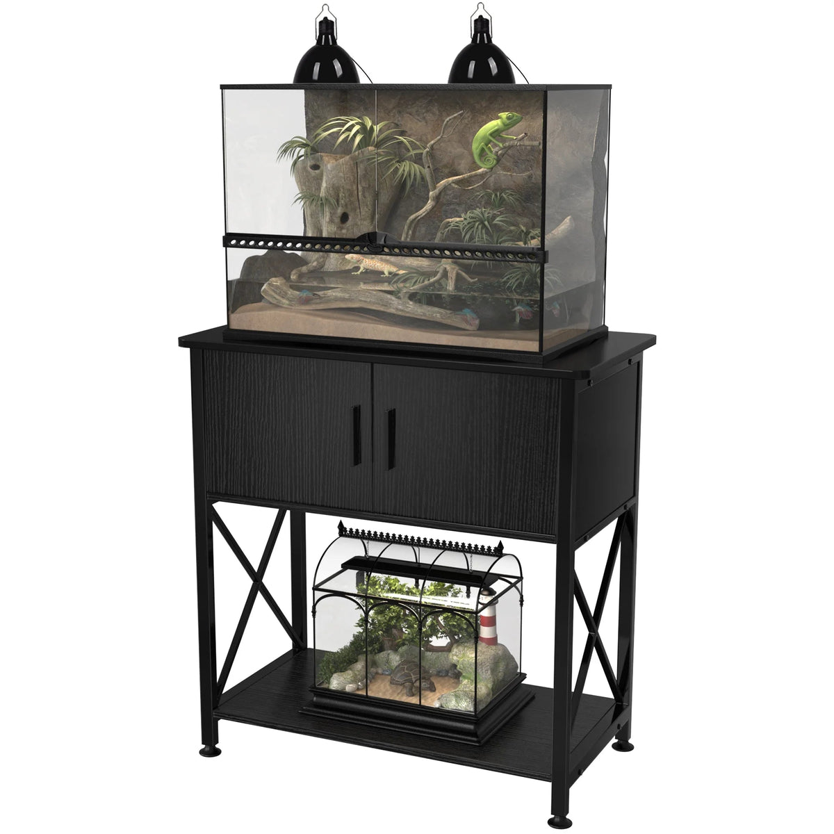 Black pet terrarium with glass door on a white background