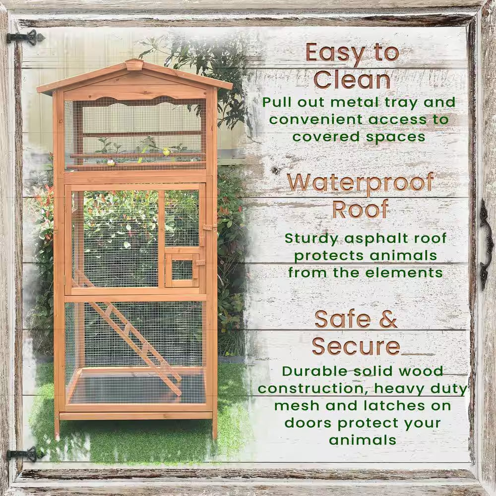 Wooden animal cage with features listed on a white background
