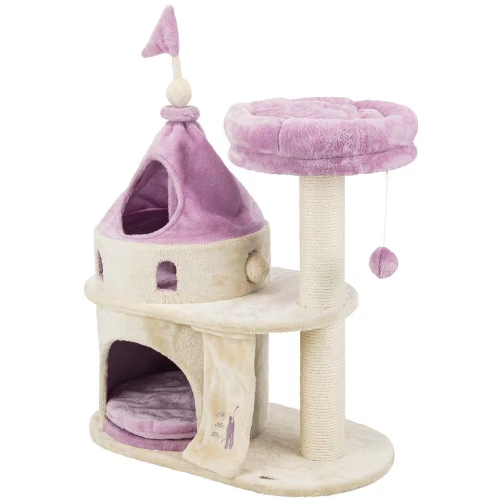 Cat tree with purple and beige colors on a white background