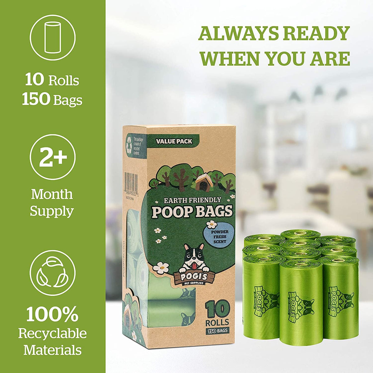 Packaging of Earth Friendly Poop Bags with green rolls and a cardboard box, featuring text about quantity and sustainability.