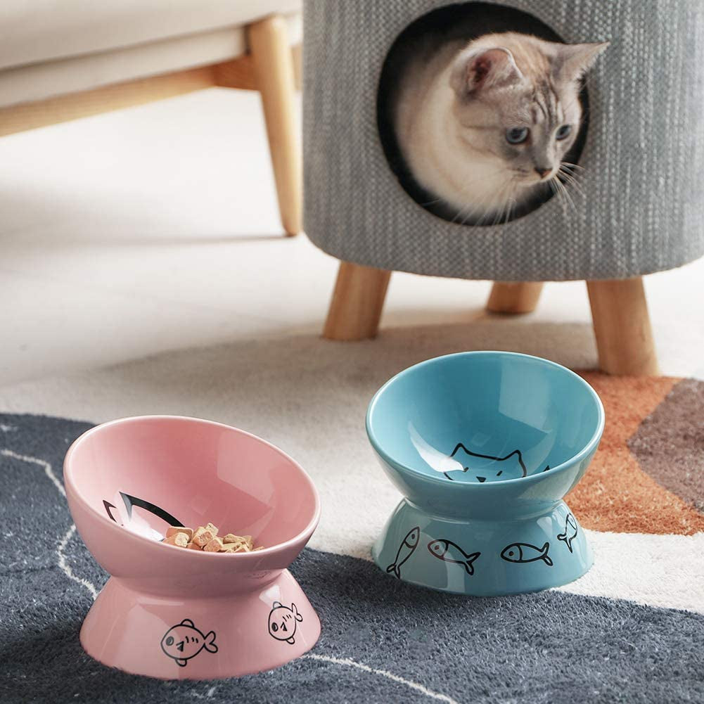 Two cat bowls, one pink and one blue, with a cat peeking out from a cushioned pet bed in the background.
