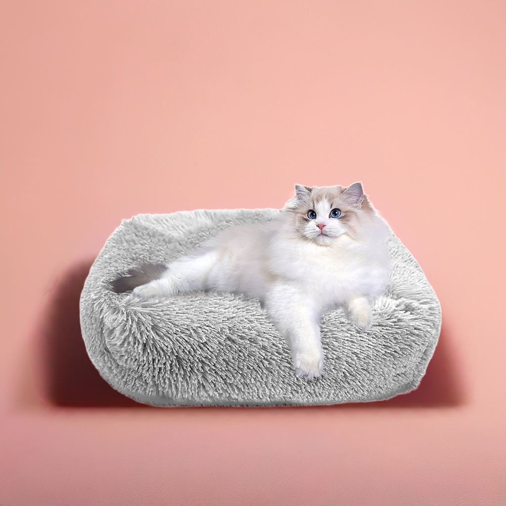 Plush Cat Bed for Indoor Cats & Small Dogs – Super Soft PP Cotton with Non-Slip Waterproof Bottom | 26"x22" | Light Gray MJ's Pet Closet