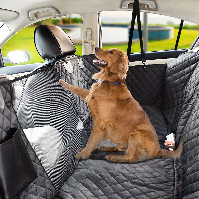 Dog sitting on a car seat cover in a vehicle with a view of a lake.